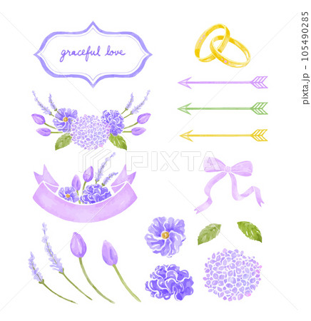 Watercolor lavender floral wreath bouquet label banner 105490285