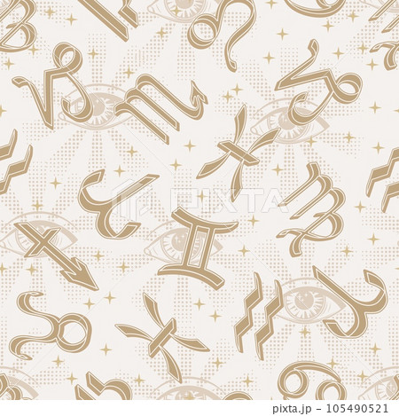 Seamless pale pattern with icons of all zodiac signs, stars, third eye, all seeing eye on white background. Esoteric mystic concept. For prints, clothing, t shirt, surface design Seamless pale pattern with icons of all zodiac signs, stars, third eye, all seeing eye on white background. Esoteric mystic concept. For prints, clothing, t shirt, surface design 105490521