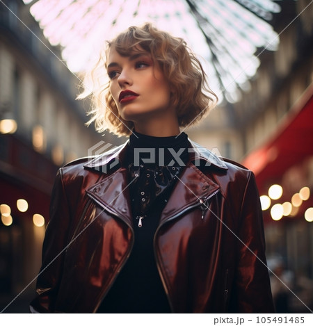 Beautiful woman model dressed in red fashionable clothes on an urban background, in the style of high fashion magazines. Generative ai. 105491485