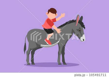 Graphic flat design drawing happy little boy riding donkey at outdoor. Child sitting on back donkey with saddle in ranch park. Adorable kids learning to ride donkey. Cartoon style vector illustration Graphic flat design drawing happy little boy riding donkey at outdoor. Child sitting on back donkey with saddle in ranch park. Adorable kids learning to ride donkey. Cartoon style vector illustration 105491711