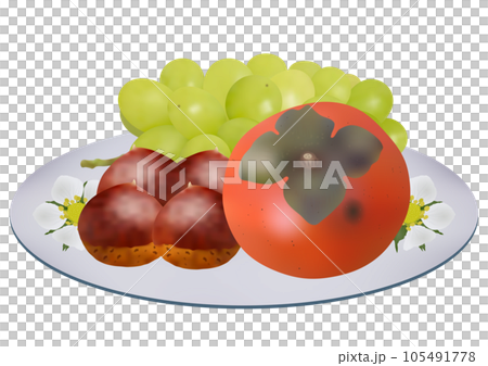 三種秋季水果盛盤“柿子”“栗子”“葡萄”閃耀玫瑰香白盤花卉圖案 105491778