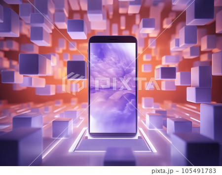 Futuristic Smartphone Mockup with Floating Cubes, AI Generated 105491783