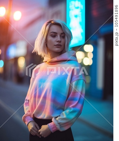 Fashionable woman in pastel jersey outdoors, AI Generated 105491896