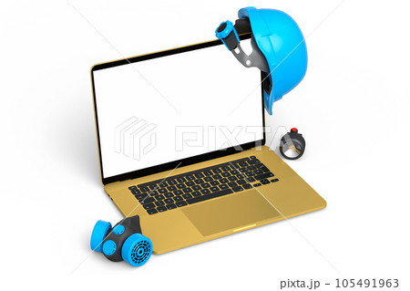 Set of safety helmets or hard caps, respirator and laptop on white background Set of safety helmets or hard caps, respirator and laptop on white background 105491963