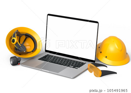 Set of safety helmets or hard caps, goggles and laptop on white background Set of safety helmets or hard caps, goggles and laptop on white background 105491965