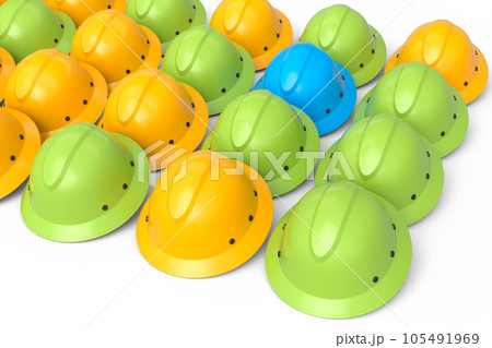 Set of safety helmets or hard caps for carpentry work in row on white background 105491969