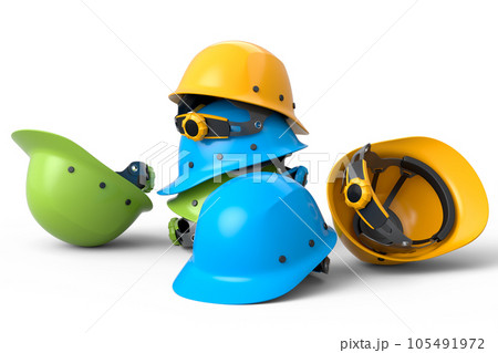 Heap of safety helmets or hard caps for carpentry work on white background 105491972