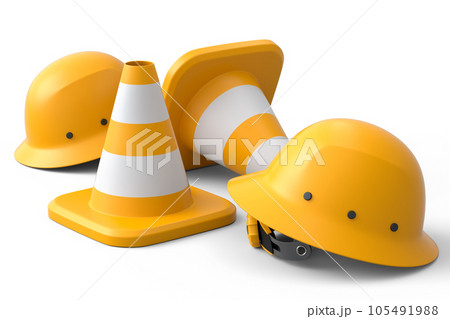 Set of safety helmets or hard hats and traffic cones on white background Set of safety helmets or hard hats and traffic cones on white background 105491988
