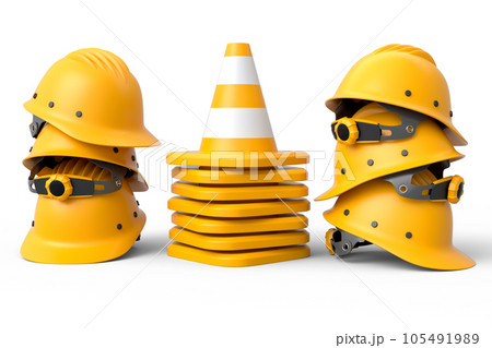 Stack of safety helmets or hard hats and traffic cones on white background 105491989