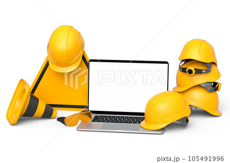 Set of safety helmets or hard hats and traffic cones, road sign on white Set of safety helmets or hard hats and traffic cones, road sign on white 105491996