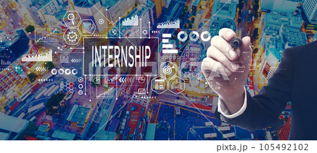 Internship theme with businessman in city at night Internship theme with businessman in city at night 105492102