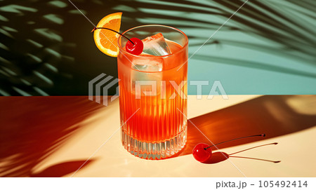 An orange cocktail with palm leaf, retro style, AI Generated 105492414