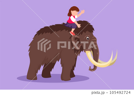 Cartoon flat style drawing bravery little girl caveman riding woolly mammoth. Pretty kids sitting on back of mammoth. Stone age children playing. Ancient human life. Graphic design vector illustration 105492724