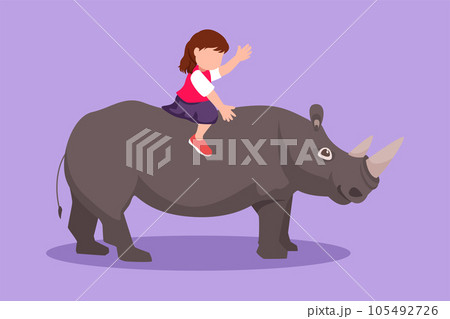 Graphic flat design drawing pretty little girl riding rhino rhinoceros. Cheerful children sitting on back rhinoceros in zoo. Brave kids learning to ride rhinoceros. Cartoon style vector illustration 105492726