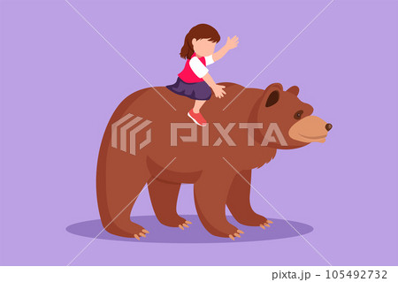 Character flat drawing happy little girl riding brown grizzly bear at zoo. Child sitting on back big bear at circus event. Pretty kids learning to ride beast animal. Cartoon design vector illustration Character flat drawing happy little girl riding brown grizzly bear at zoo. Child sitting on back big bear at circus event. Pretty kids learning to ride beast animal. Cartoon design vector illustration 105492732