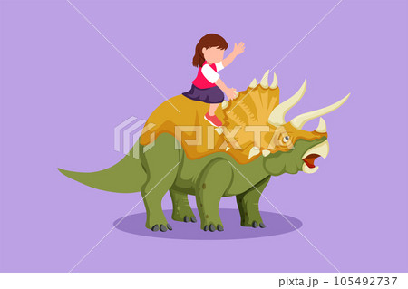 Cartoon flat style drawing bravery little girl caveman riding triceratops. Adorable kids sitting on back of dinosaur. Stone age children playing. Ancient human life. Graphic design vector illustration 105492737