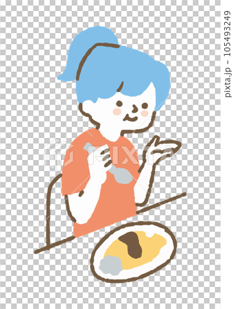 Girl eating omelet rice_color 105493249