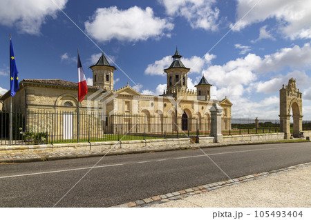 Vineyards with Chateau Cos d'Estournel, Bordeaux, Aquitaine, France 105493404