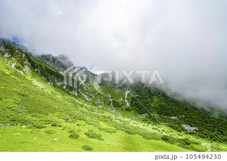 ガスに包まれゆく夏の木曽駒ヶ岳千畳敷カール 105494230