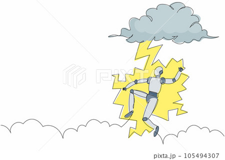 Single continuous line drawing robot struck by lightning from dark cloud. Bad luck, misery, disaster. Robotic artificial intelligence. Technology industry. One line graphic design vector illustration 105494307