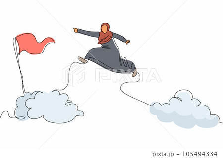 Single continuous line drawing attractive Arabian businesswoman jump and leap over clouds to reach success business target flag. Challenge career path. One line draw graphic design vector illustration 105494334