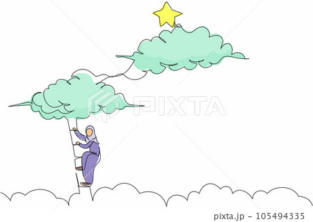 Continuous one line drawing Arab businesswoman climbing ladder to reach out for stars. Office worker climb career path goal. Successful motivation. Single line draw design vector graphic illustration 105494335