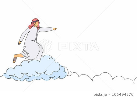 Single one line drawing Arab businessman riding cloud on the sky, pointing forward, go to future improvisation. Manager on cloud way to success. Continuous line draw design graphic vector illustration Single one line drawing Arab businessman riding cloud on the sky, pointing forward, go to future improvisation. Manager on cloud way to success. Continuous line draw design graphic vector illustration 105494376