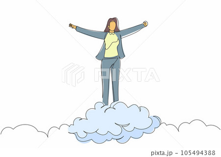 Continuous one line drawing happy businesswoman on top of cloud with raised hands. Successful business project. Financial freedom, happiness, peaceful. Single line design vector graphic illustration Continuous one line drawing happy businesswoman on top of cloud with raised hands. Successful business project. Financial freedom, happiness, peaceful. Single line design vector graphic illustration 105494388