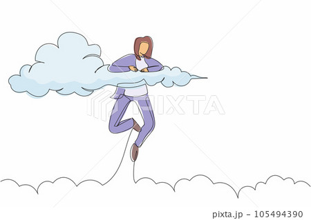 Single continuous line drawing happy businesswoman hang in the clouds. Looking for success in the office, financial freedom, winning business project. One line draw graphic design vector illustration Single continuous line drawing happy businesswoman hang in the clouds. Looking for success in the office, financial freedom, winning business project. One line draw graphic design vector illustration 105494390
