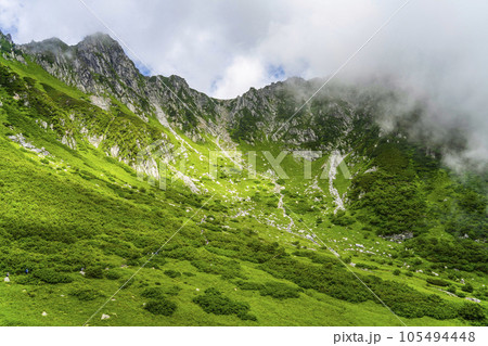 ガスに包まれゆく夏の木曽駒ヶ岳千畳敷カール 105494448