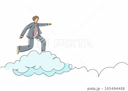 Single continuous line drawing businessman riding cloud on the sky, pointing forward, go to future, business concept. Manager on cloud way to success. One line draw graphic design vector illustration Single continuous line drawing businessman riding cloud on the sky, pointing forward, go to future, business concept. Manager on cloud way to success. One line draw graphic design vector illustration 105494488