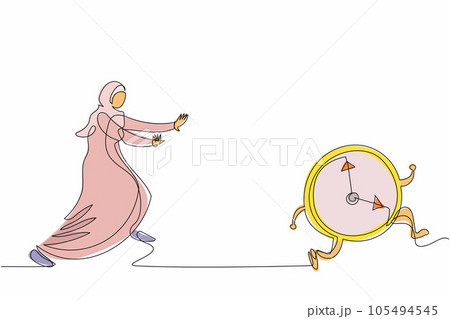 Continuous one line drawing Arab businesswoman run chasing clock time. Female manager being late or in work deadline, business time management, rush hour. Single line draw design vector illustration Continuous one line drawing Arab businesswoman run chasing clock time. Female manager being late or in work deadline, business time management, rush hour. Single line draw design vector illustration 105494545
