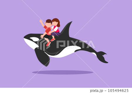 Character flat drawing adorable little boy and girl riding orca together. Bravery kids sitting on back whale killer in swimming pool. Whale killer or orca in water. Cartoon design vector illustration Character flat drawing adorable little boy and girl riding orca together. Bravery kids sitting on back whale killer in swimming pool. Whale killer or orca in water. Cartoon design vector illustration 105494625
