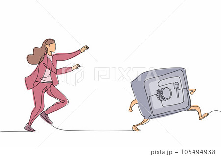 Continuous one line drawing businesswoman run chasing try to catch safe deposit box. Concept of secure, protection, banking, financial. Business metaphor. Single line draw design vector illustration 105494938