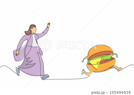 Single continuous line drawing businesswoman run chasing try to catch tasty fast food hamburger. Junk food, unhealthy, overweight, obesity. Business metaphor. One line draw design vector illustration 105494939