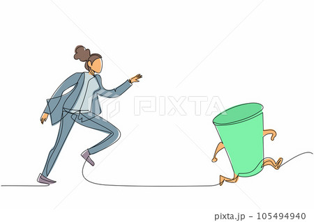 Single one line drawing businesswoman run chasing try to catch paper cup. Concept of drink, thirsty, hot coffee, tea, recycling. Business metaphor. Continuous line design graphic vector illustration 105494940