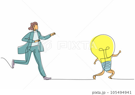 Single continuous line drawing businesswoman run chasing try to catch idea light bulb. Concept of creativity, competition and innovation. Business metaphor. One line draw design vector illustration Single continuous line drawing businesswoman run chasing try to catch idea light bulb. Concept of creativity, competition and innovation. Business metaphor. One line draw design vector illustration 105494941