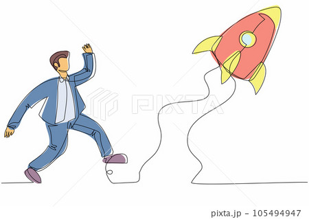 Single continuous line drawing businessman run chasing try to catch flying rocket. Concept of competitive, advantage, growth, marketing. Business metaphor. One line graphic design vector illustration Single continuous line drawing businessman run chasing try to catch flying rocket. Concept of competitive, advantage, growth, marketing. Business metaphor. One line graphic design vector illustration 105494947