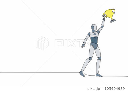 Single one line drawing robot holding trophy with one hand. Success and goal achievement. Winning competition. Future technology development. continuous line draw design graphic vector illustration 105494989