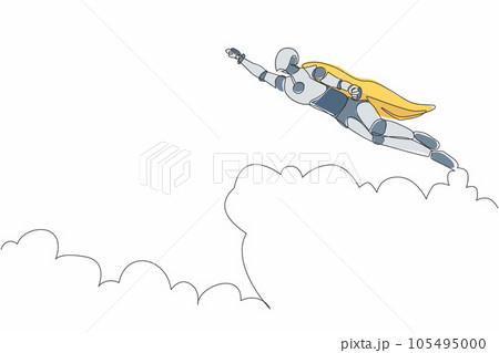 Single one line drawing superhero robot in cloak flying up to sky. Business success, goal achievement. Future technology. Artificial intelligence machine learning. Continuous line draw design vector Single one line drawing superhero robot in cloak flying up to sky. Business success, goal achievement. Future technology. Artificial intelligence machine learning. Continuous line draw design vector 105495000