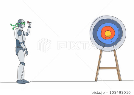 Single one line drawing robot using blindfold and hit darts target. Future technology development. Artificial intelligence and machine learning. Continuous line draw design graphic vector illustration 105495010