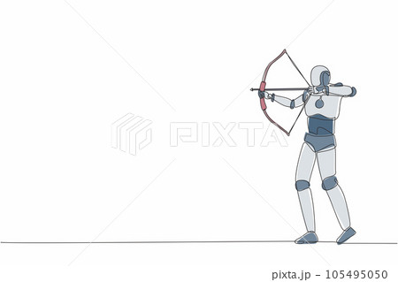 Single continuous line drawing robot trying to shoot target with blindfold. Modern robotic artificial intelligence. Electronic technology industry. One line draw graphic design vector illustration Single continuous line drawing robot trying to shoot target with blindfold. Modern robotic artificial intelligence. Electronic technology industry. One line draw graphic design vector illustration 105495050