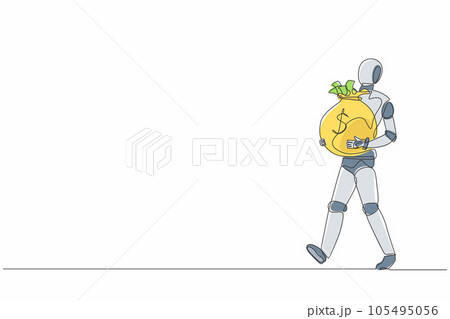 Single one line drawing robot walking and carrying big heavy sack full of cash money. Future technology. Artificial intelligence and machine learning. Continuous line draw design vector illustration Single one line drawing robot walking and carrying big heavy sack full of cash money. Future technology. Artificial intelligence and machine learning. Continuous line draw design vector illustration 105495056