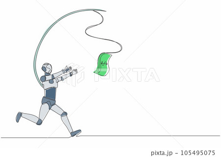 Single continuous line drawing robot running after money. Greedy robot with attached rod and dollar. Robotic artificial intelligence. Electronic technology. One line draw design vector illustration 105495075