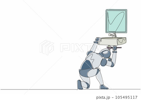 Single continuous line drawing robot plumber worker repair sink in bathroom and plumbing pipes. Robotic artificial intelligence. Electronic technology. One line draw graphic design vector illustration 105495117