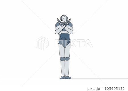 Single one line drawing robot crossing arms and saying no gesture. Robot making X shape, stop sign with hands. Future technology development. Continuous line draw design graphic vector illustration Single one line drawing robot crossing arms and saying no gesture. Robot making X shape, stop sign with hands. Future technology development. Continuous line draw design graphic vector illustration 105495132