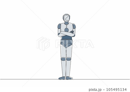 Single one line drawing robot standing with folded arms pose. Future technology development. Artificial intelligence and machine learning processes. Continuous line design graphic vector illustration 105495134