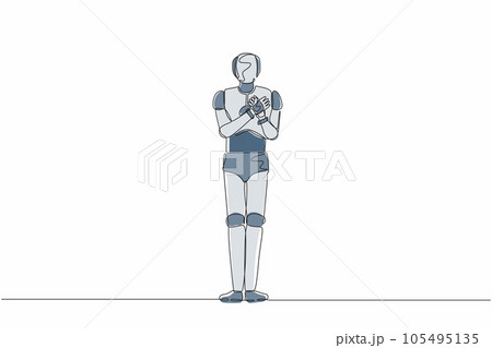 Single continuous line drawing robot keeping hands on chest. Robot suffering from chest pain or heart attack. Robotic artificial intelligence. Dynamic one line draw graphic design vector illustration 105495135