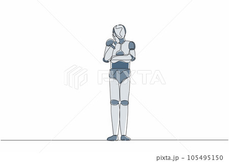 Single continuous line drawing robot bored or tired keeping hand on cheek. Robot suffering from toothache. Modern robotic artificial intelligence. One line draw graphic design vector illustration Single continuous line drawing robot bored or tired keeping hand on cheek. Robot suffering from toothache. Modern robotic artificial intelligence. One line draw graphic design vector illustration 105495150