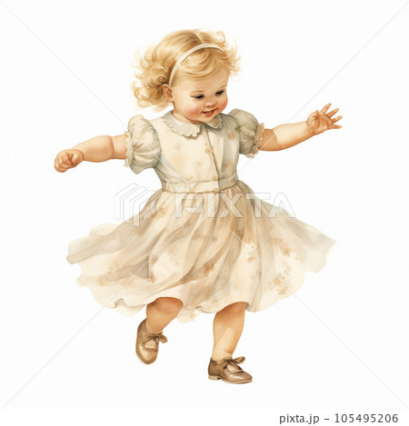 watercolor vintage style illustration, cute little girl dancing, child, doll, clip art isolated on white background 105495206